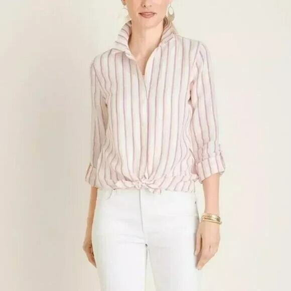 Chico's No Iron Linen Metallic Button Front Shirt Size XL / 3 Roll Tab Sleeves - Picture 4 of 11